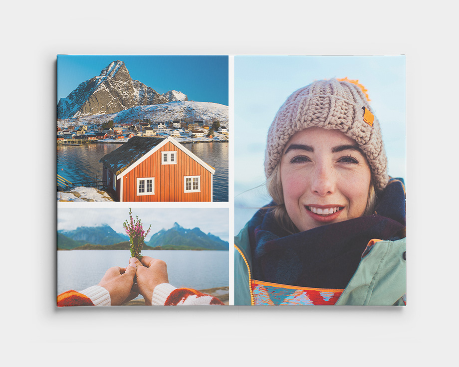 Eine Leinwand-Collage mit zwei Landschaftsfotos und einem Foto einer lächelnden Person.