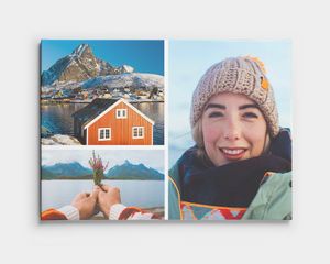 Eine Leinwand-Collage mit zwei Landschaftsfotos und einem Foto einer lächelnden Person.