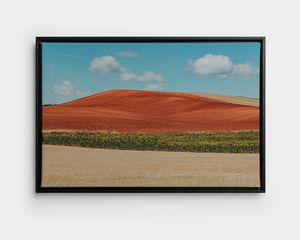 Eine gerahmte Leinwand mit einem sommerlichen Landschaftsfoto.