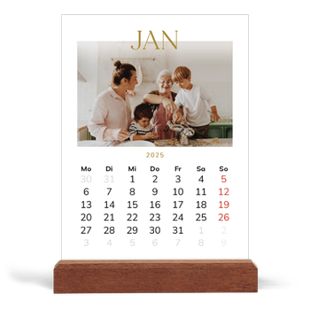 Tischkalender mit Holzfuß Hochformat — Großer goldener Text