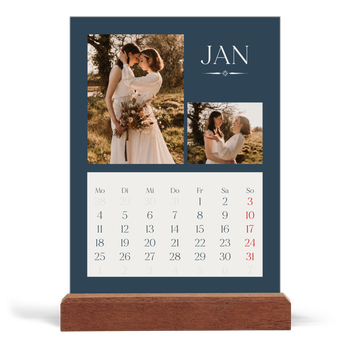 Tischkalender mit Holzfuß Hochformat — Schiefer und Serifen